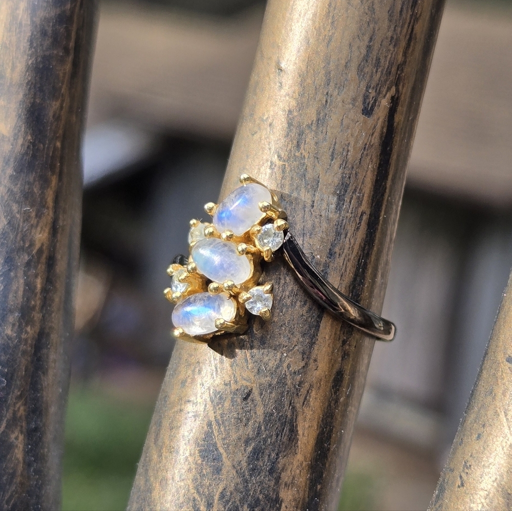 Moonstone & Topaz Natural Gemstones Sterling Rhodium & Gold Ring Sz7.25 - Picture 6 of 8